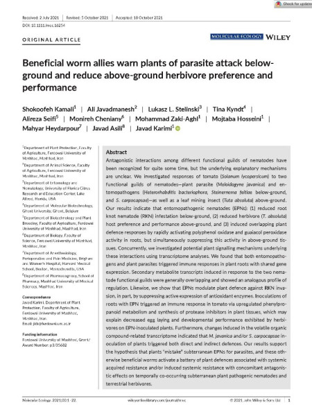Beneficial worm allies warn plants of parasite attack below-ground and reduce above-ground herbivore preference and performance